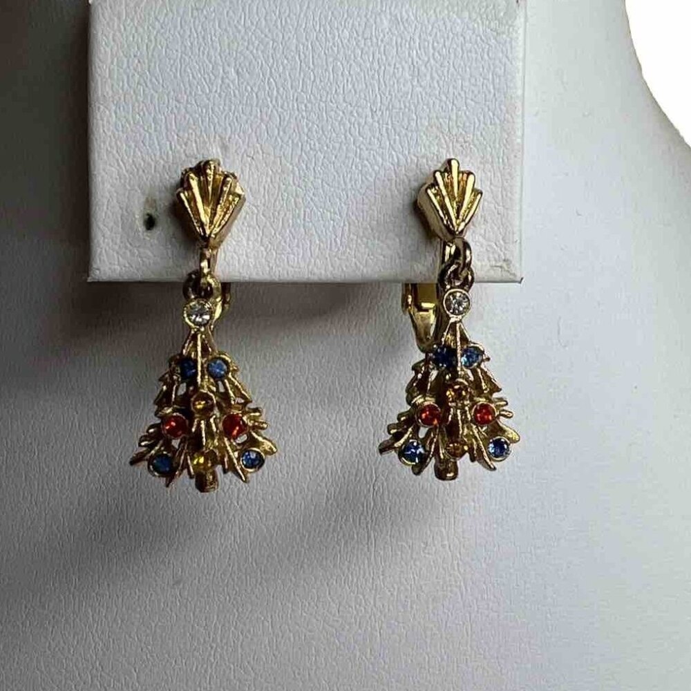 VINTAGE figural CHRISTMAS TREE rhinestone dangle clip on‎ gold tone EARRINGS